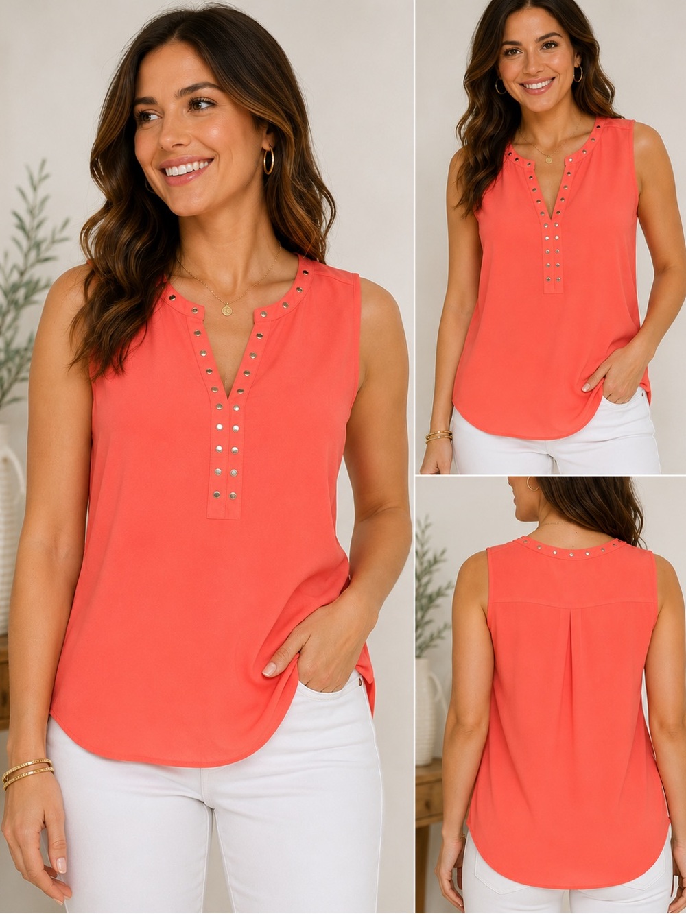 Zac & Rachel Coral Stud-Placket V-Neck Sleeveless Camisole
